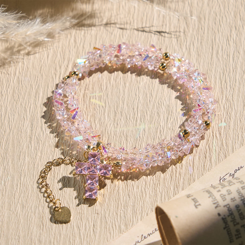 Christianartworkshop Pulsera con dije de cruz y cuentas de cristal facetadas: emblema de una brillante bendición celestial. - Rosa - image 0