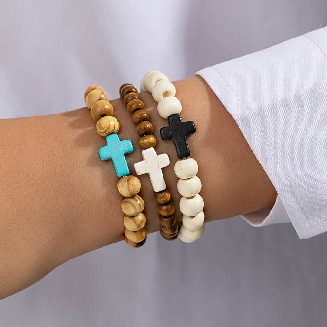 Christianartworkshop Pulsera elástica con cruz de cuentas de madera natural: emblema del refugio celestial estable. - do - image 2