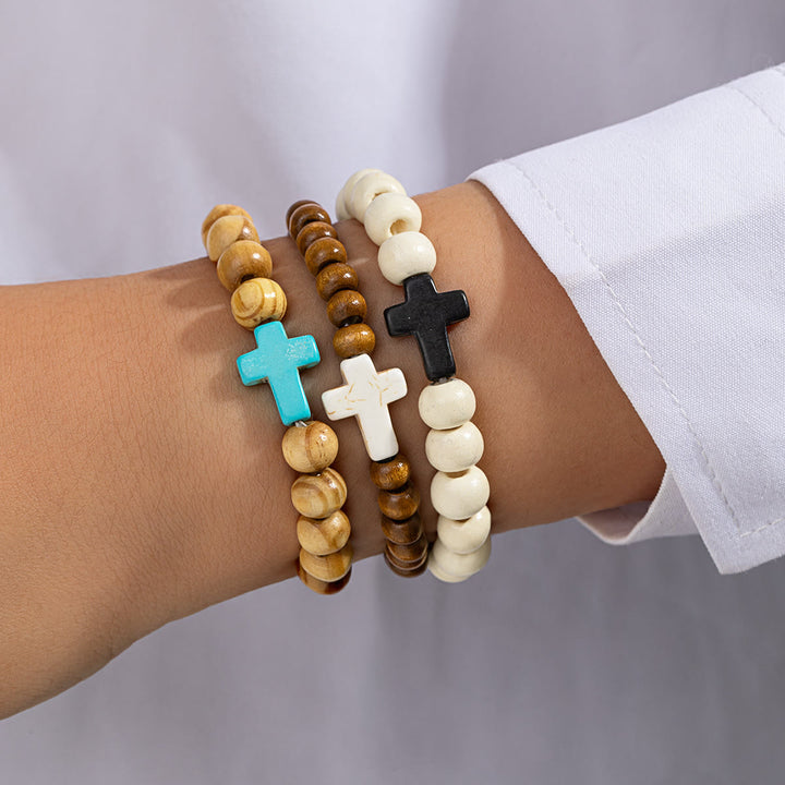 Christianartworkshop Pulsera elástica con cruz de cuentas de madera natural: emblema del refugio celestial estable. - do - image 2