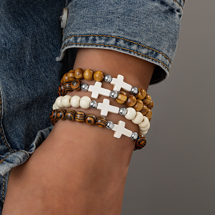 Christianartworkshop Pulsera elástica con cruz de cuentas de madera natural: emblema del refugio celestial estable. - mi - image 4