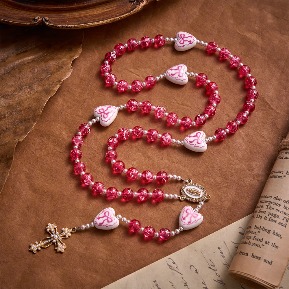 Christianartworkshop Rosario de cristal craquelado rosa con cuentas de cerámica en forma de corazón y medalla de la Virgen María. - Rosa - image 0