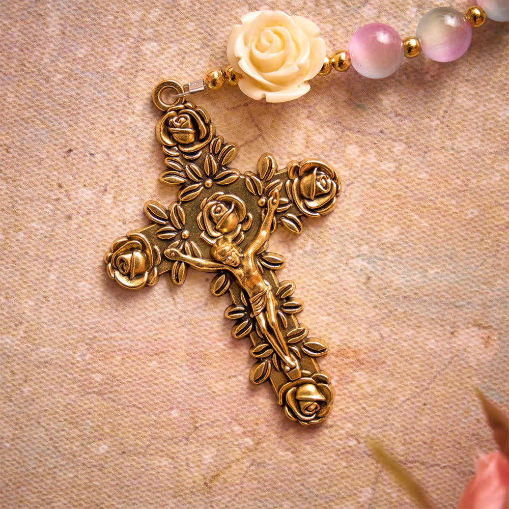 Christianartworkshop Rosario de rosas de vidrieras con degradado onírico y medallón de Santa Teresa - image 7