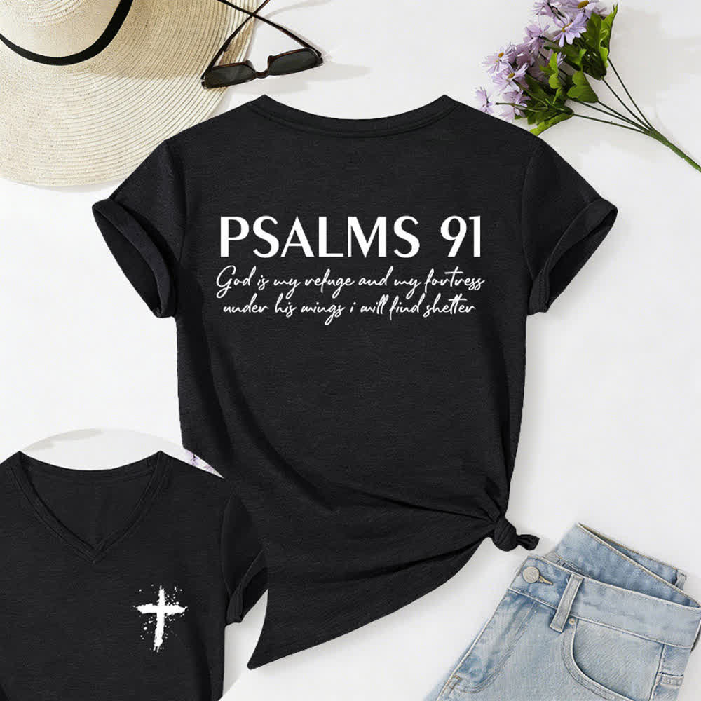 Christianartworkshop Camiseta de mujer con cuello en V y dobladillo anudado con cruz desgastada, Salmos 91 - Negro - 2XL - image 0