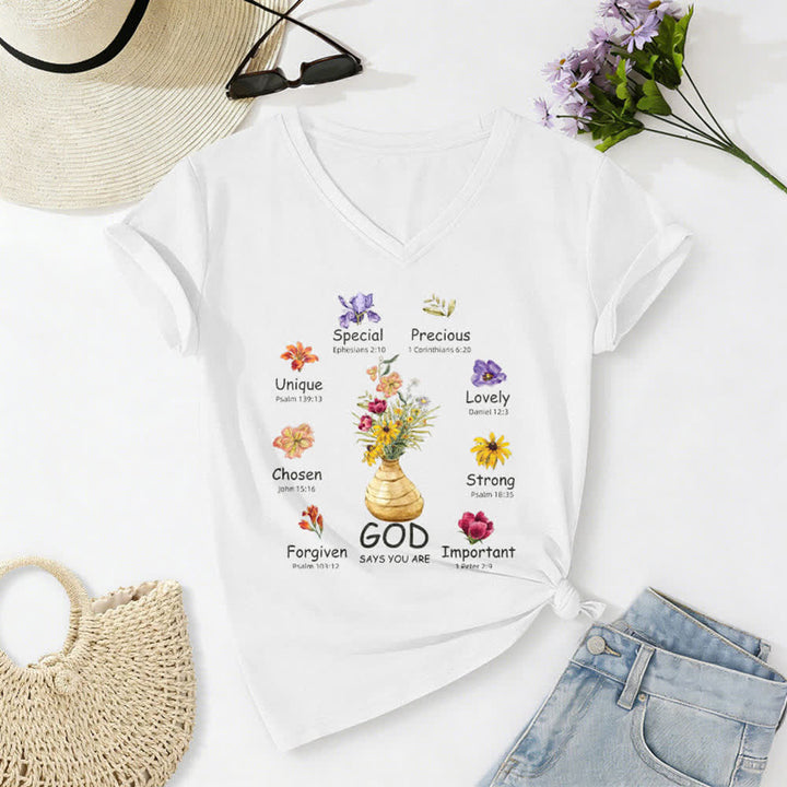 Christianartworkshop Camiseta de mujer holgada con cuello en V y estampado floral "Dios dice que eres..." - Blanco - 2XL - image 2