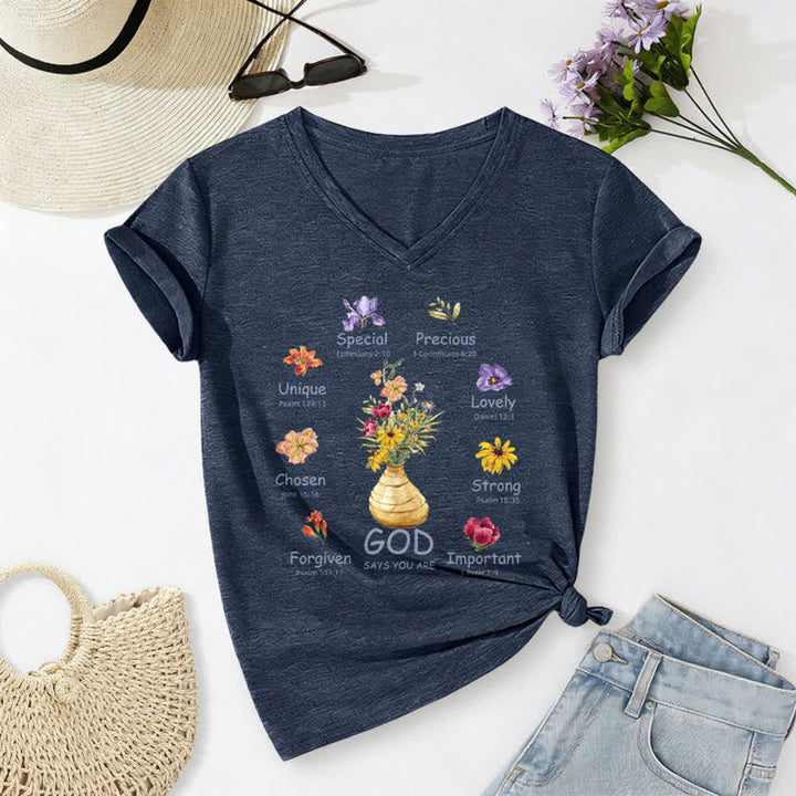 Christianartworkshop Camiseta de mujer holgada con cuello en V y estampado floral "Dios dice que eres..." - Azul marino - 2XL - image 0