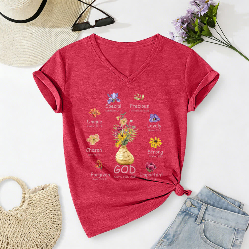 Christianartworkshop Camiseta de mujer holgada con cuello en V y estampado floral "Dios dice que eres..." - Rojo - 2XL - image 10