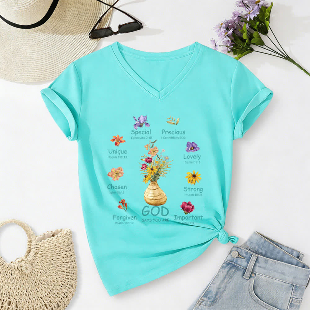 Christianartworkshop Camiseta de mujer holgada con cuello en V y estampado floral "Dios dice que eres..." - Azul - 2XL - image 4