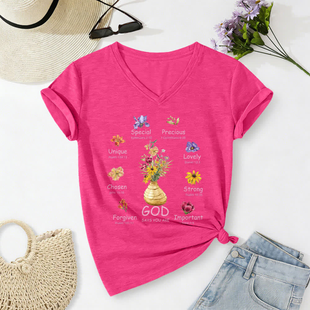 Christianartworkshop Camiseta de mujer holgada con cuello en V y estampado floral "Dios dice que eres..." - image 20