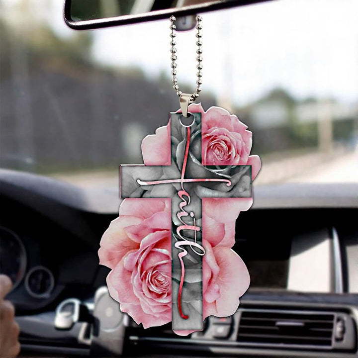 Christianartworkshop Colgante para coche con cruz floral de la fe: emblema de la cálida bendición del viaje celestial. - Rosa rosa - image 1