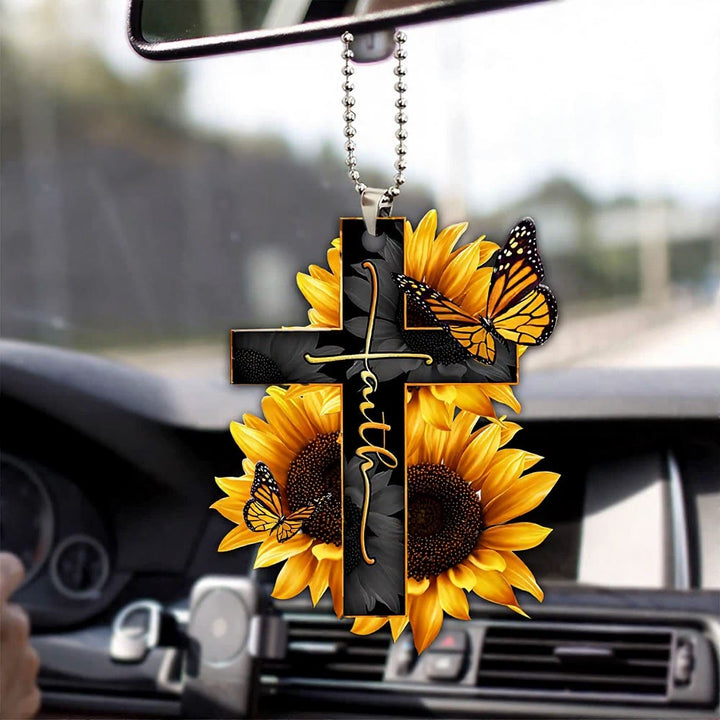 Christianartworkshop Colgante para coche con cruz floral de la fe: emblema de la cálida bendición del viaje celestial. - Mariposa doble girasol - image 6