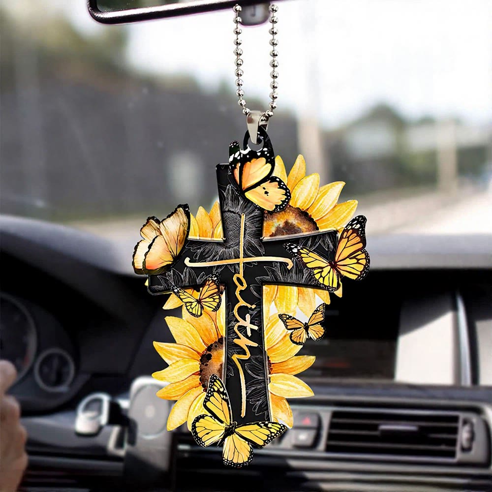 Christianartworkshop Colgante para coche con cruz floral de la fe: emblema de la cálida bendición del viaje celestial. - Mariposa Monarca Múltiple Girasol - image 2