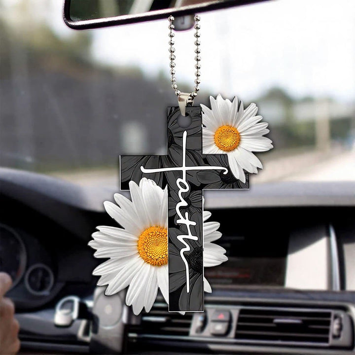 Christianartworkshop Colgante para coche con cruz floral de la fe: emblema de la cálida bendición del viaje celestial. - Margarita blanca plana - image 4