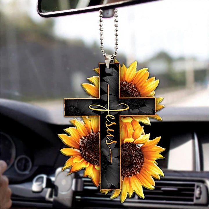 Christianartworkshop Colgante para coche con cruz floral de la fe: emblema de la cálida bendición del viaje celestial. - Jesús Girasol - image 0