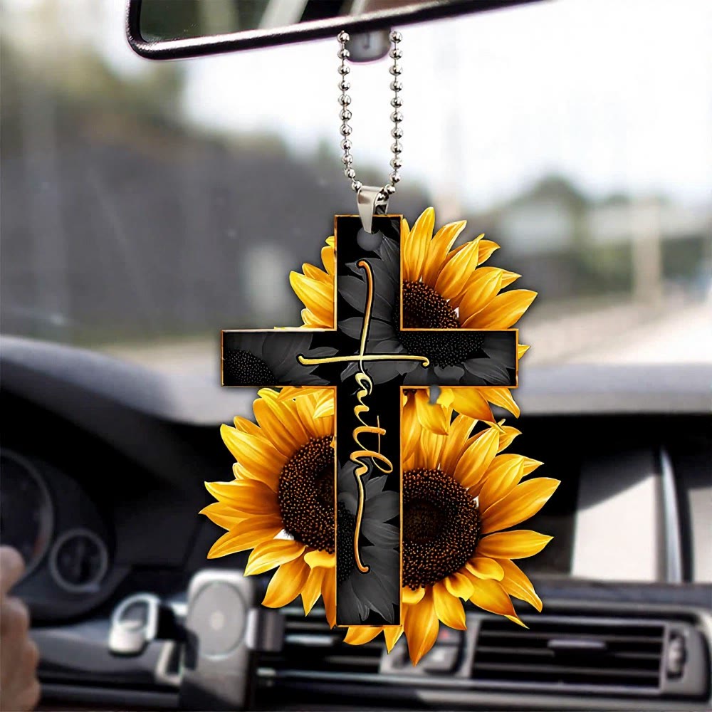 Christianartworkshop Colgante para coche con cruz floral de la fe: emblema de la cálida bendición del viaje celestial. - Girasol simple - image 3