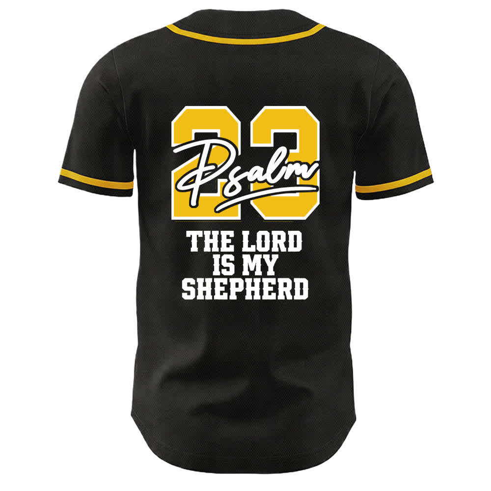 Christianartworkshop Camiseta de béisbol con mensaje del Salmo 23 en negro y dorado - image 1