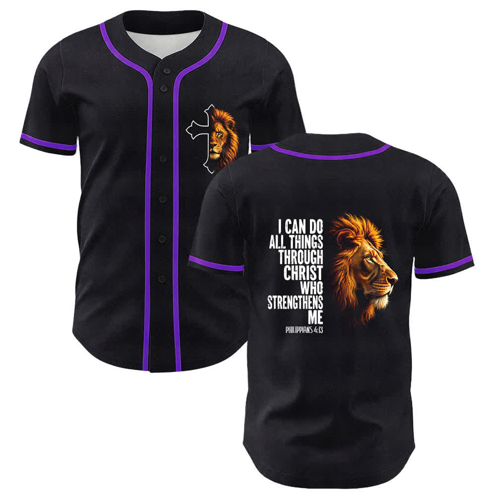 Christianartworkshop León de la Fortaleza Filipenses 4:13 Camiseta de Béisbol Negra y Dorada - Púrpura - 5XL - image 3