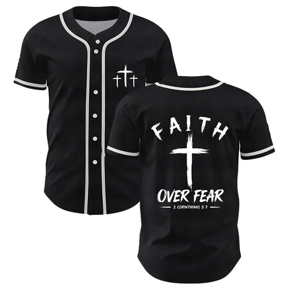 Camiseta de béisbol con ribete de contraste "Fe sobre el miedo" de Christianartworkshop - Negro - 5XL - image 7