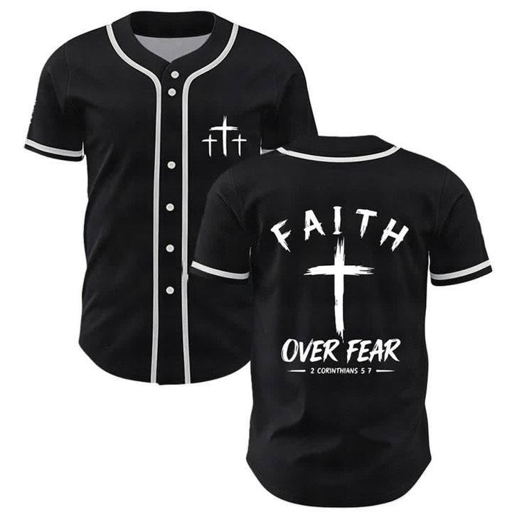 Camiseta de béisbol con ribete de contraste "Fe sobre el miedo" de Christianartworkshop - Negro - 5XL - image 7