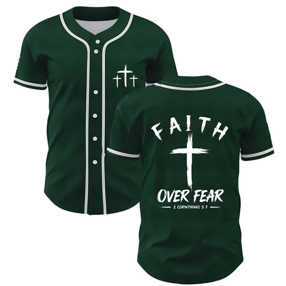 Camiseta de béisbol con ribete de contraste "Fe sobre el miedo" de Christianartworkshop - Verde - 5XL - image 35