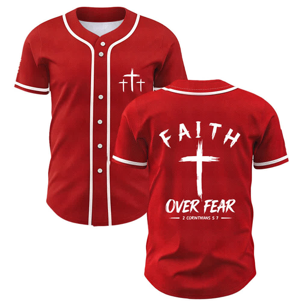 Camiseta de béisbol con ribete de contraste "Fe sobre el miedo" de Christianartworkshop - Rojo - 5XL - image 42