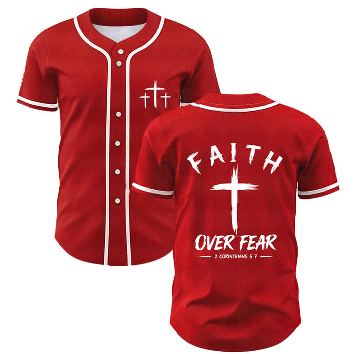 Camiseta de béisbol con ribete de contraste "Fe sobre el miedo" de Christianartworkshop - Rojo - 5XL - image 42