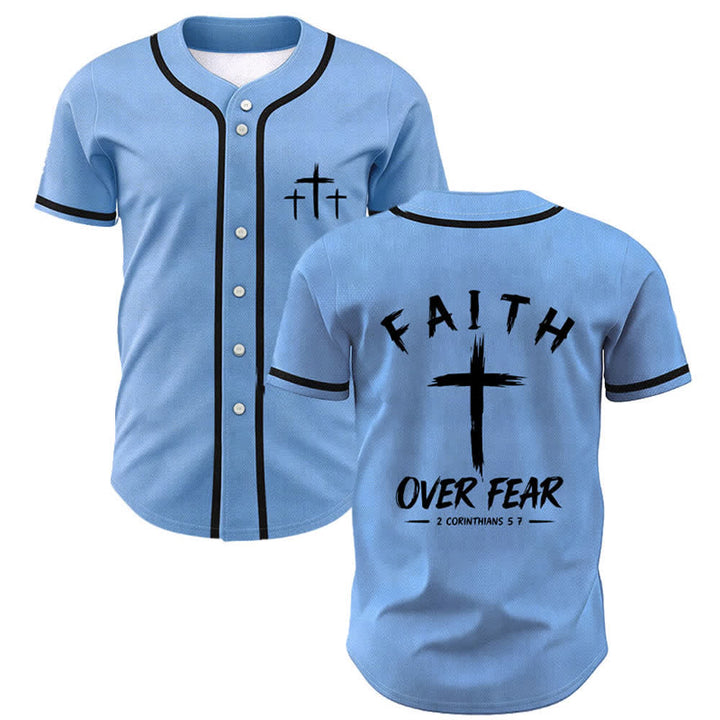 Camiseta de béisbol con ribete de contraste "Fe sobre el miedo" de Christianartworkshop - Azul cielo - 5XL - image 49