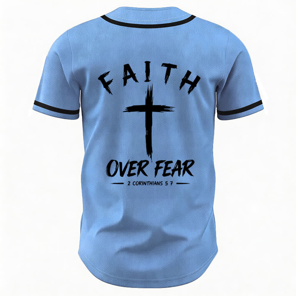 Camiseta de béisbol con ribete de contraste "Fe sobre el miedo" de Christianartworkshop - image 50