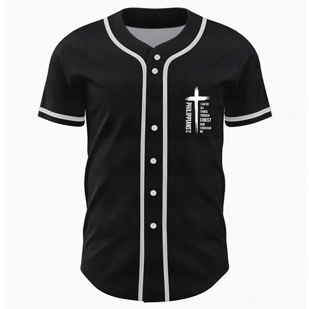 Camiseta de béisbol con ribete de contraste y gráfico de la Cruz Filipenses 4:13 de Christianartworkshop - image 9