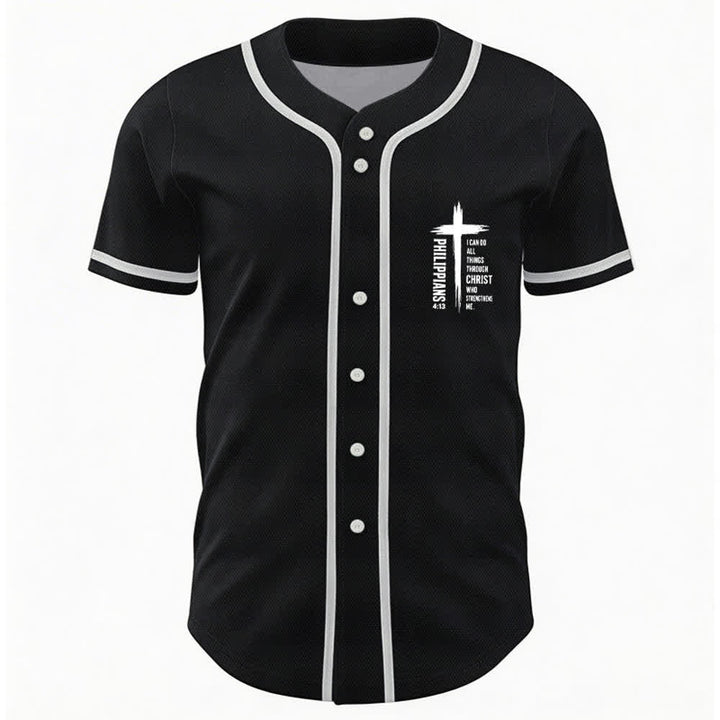 Camiseta de béisbol con ribete de contraste y gráfico de la Cruz Filipenses 4:13 de Christianartworkshop - image 9