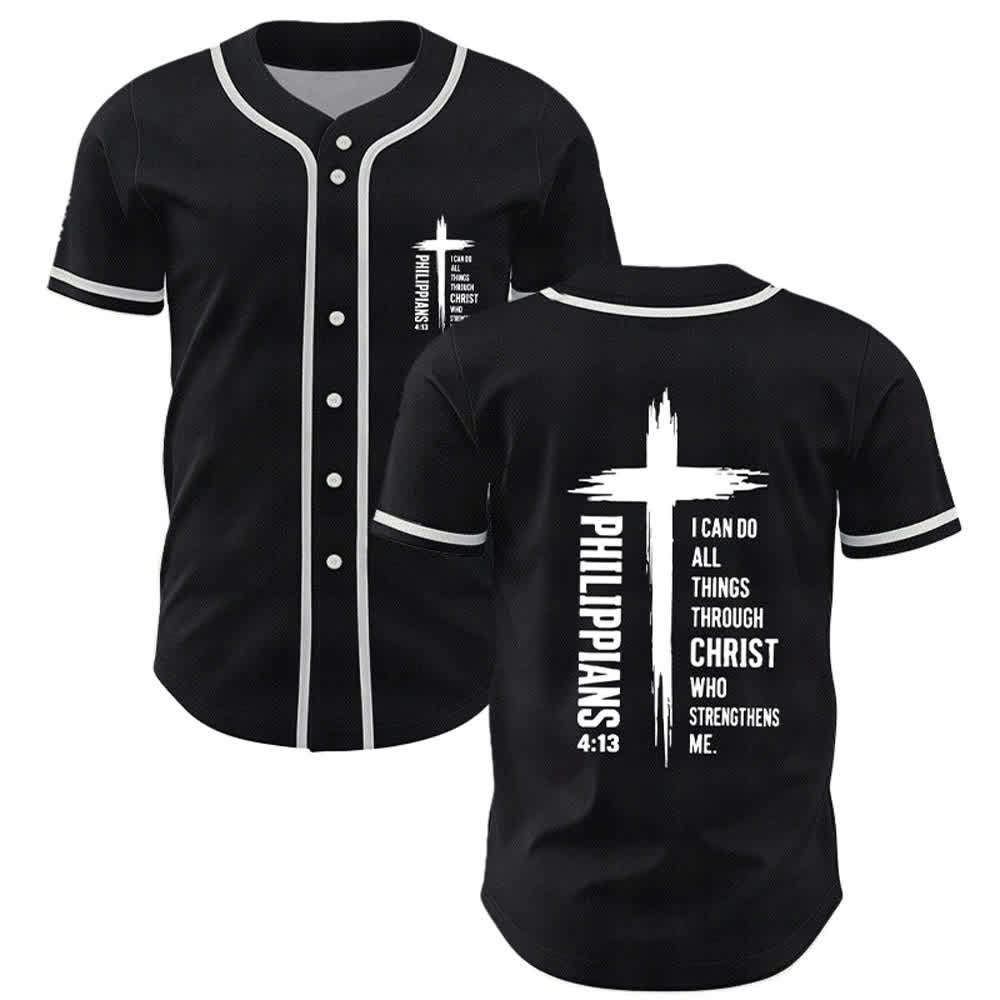 Camiseta de béisbol con ribete de contraste y gráfico de la Cruz Filipenses 4:13 de Christianartworkshop - Negro - 5XL - image 7