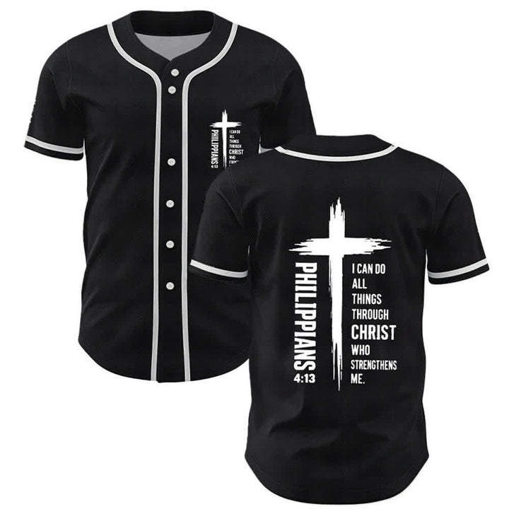 Camiseta de béisbol con ribete de contraste y gráfico de la Cruz Filipenses 4:13 de Christianartworkshop - Negro - 5XL - image 7