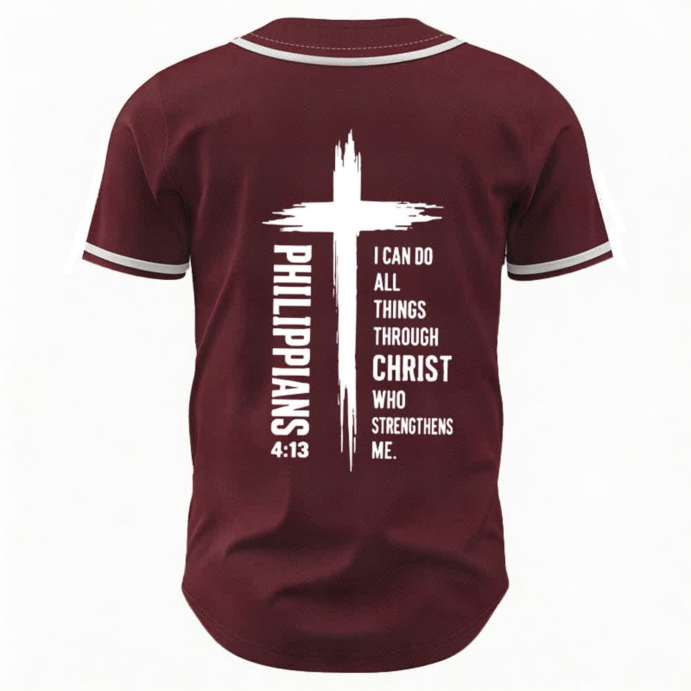 Camiseta de béisbol con ribete de contraste y gráfico de la Cruz Filipenses 4:13 de Christianartworkshop - image 1