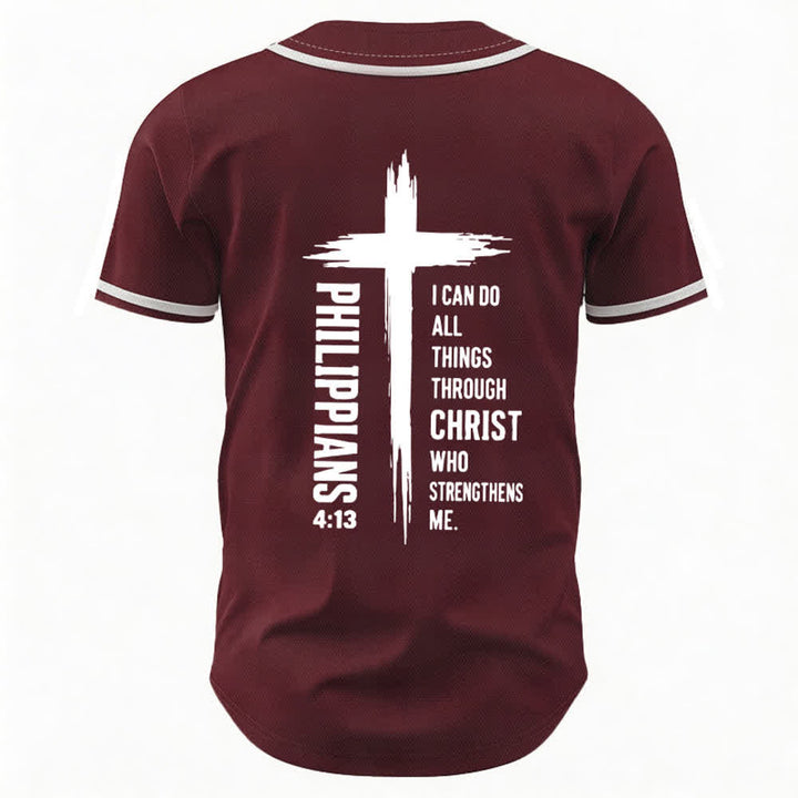 Camiseta de béisbol con ribete de contraste y gráfico de la Cruz Filipenses 4:13 de Christianartworkshop - image 1