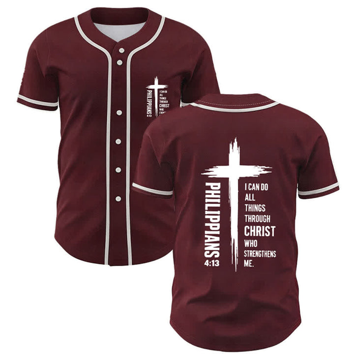 Camiseta de béisbol con ribete de contraste y gráfico de la Cruz Filipenses 4:13 de Christianartworkshop - Vino - 5XL - image 0