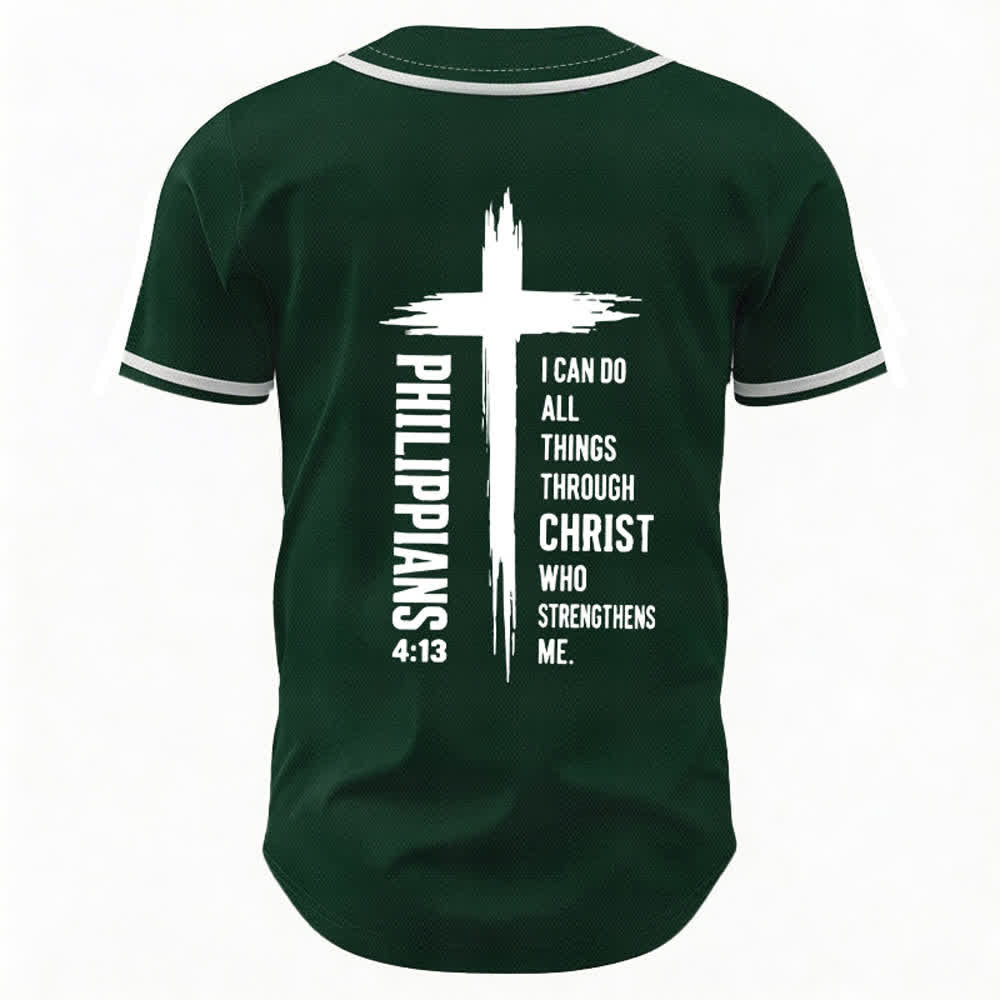 Camiseta de béisbol con ribete de contraste y gráfico de la Cruz Filipenses 4:13 de Christianartworkshop - image 15