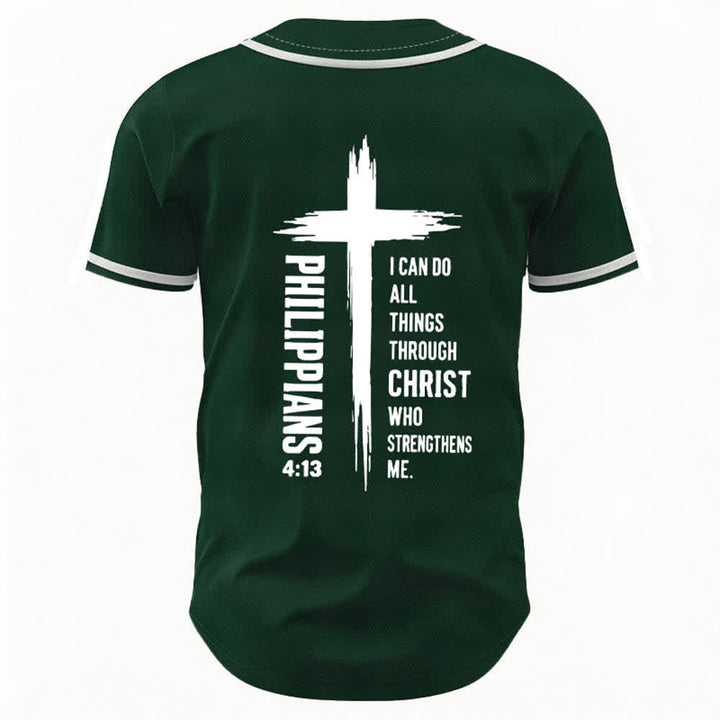 Camiseta de béisbol con ribete de contraste y gráfico de la Cruz Filipenses 4:13 de Christianartworkshop - image 15