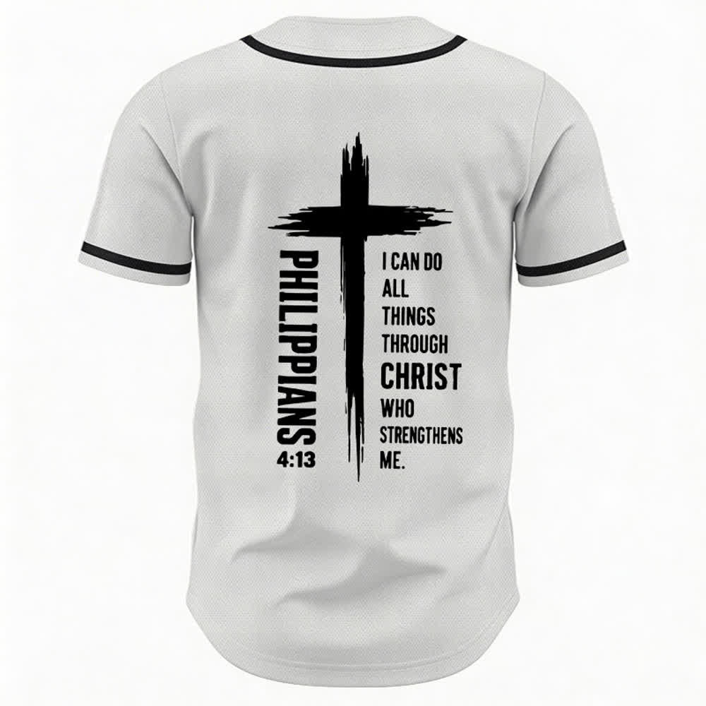 Camiseta de béisbol con ribete de contraste y gráfico de la Cruz Filipenses 4:13 de Christianartworkshop - image 36