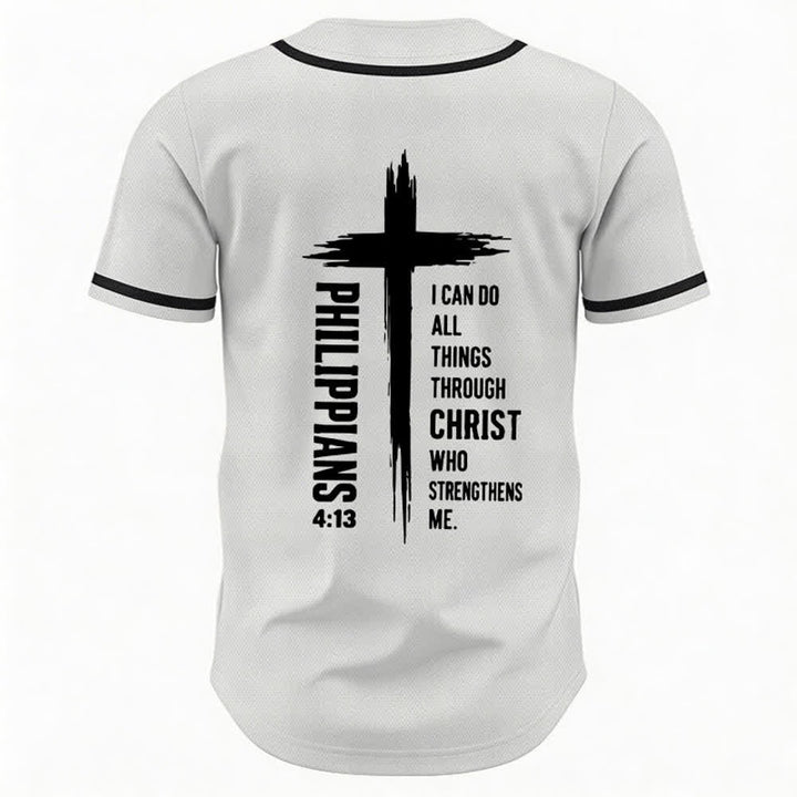Camiseta de béisbol con ribete de contraste y gráfico de la Cruz Filipenses 4:13 de Christianartworkshop - image 36