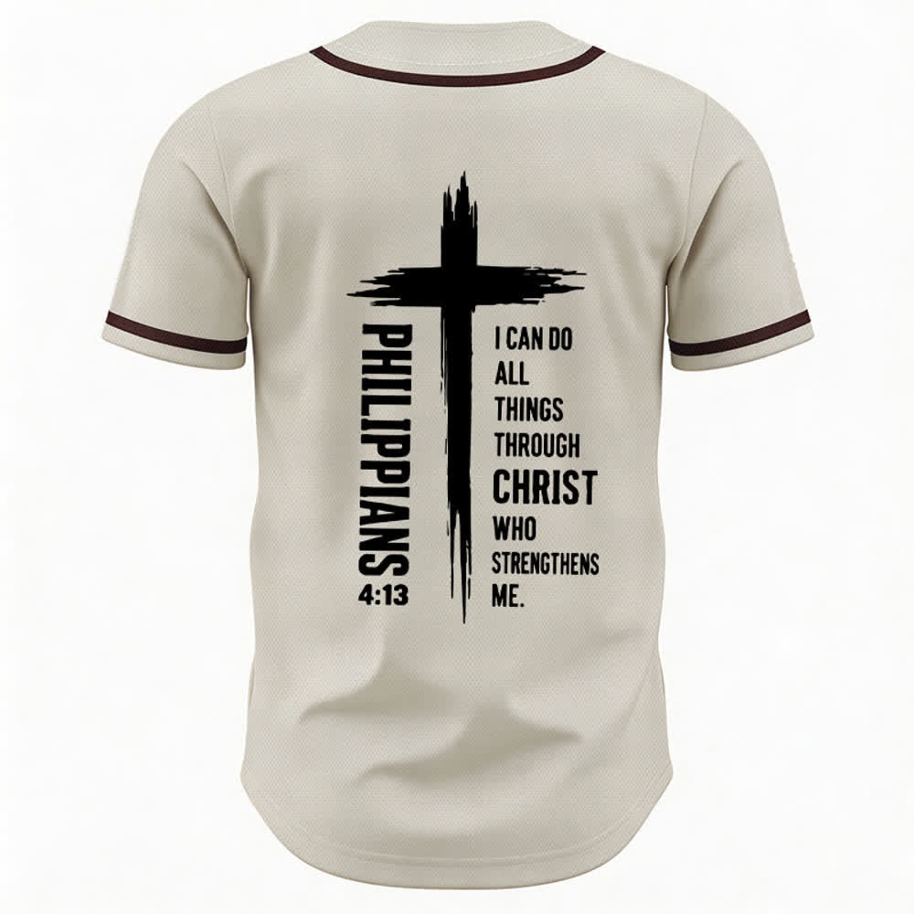 Camiseta de béisbol con ribete de contraste y gráfico de la Cruz Filipenses 4:13 de Christianartworkshop - image 22