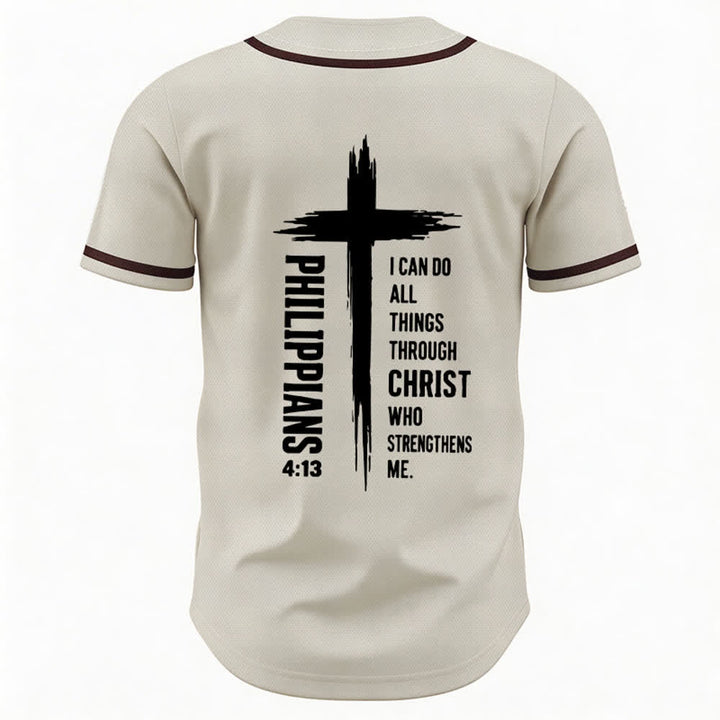 Camiseta de béisbol con ribete de contraste y gráfico de la Cruz Filipenses 4:13 de Christianartworkshop - image 22