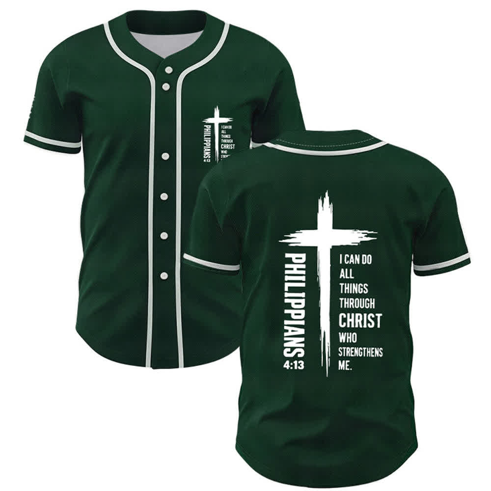Camiseta de béisbol con ribete de contraste y gráfico de la Cruz Filipenses 4:13 de Christianartworkshop - Verde - 5XL - image 14