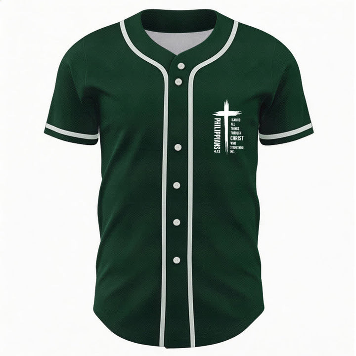 Camiseta de béisbol con ribete de contraste y gráfico de la Cruz Filipenses 4:13 de Christianartworkshop - image 16