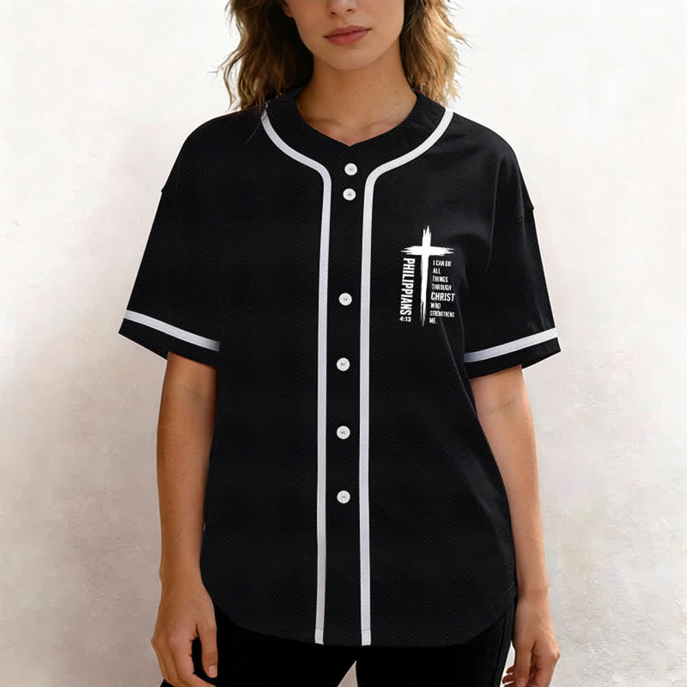 Camiseta de béisbol con ribete de contraste y gráfico de la Cruz Filipenses 4:13 de Christianartworkshop - image 11