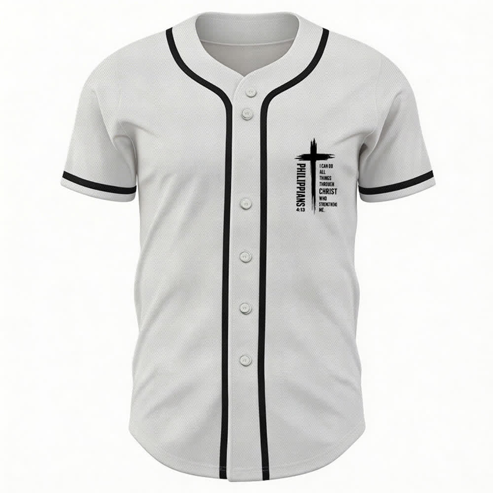 Camiseta de béisbol con ribete de contraste y gráfico de la Cruz Filipenses 4:13 de Christianartworkshop - image 37