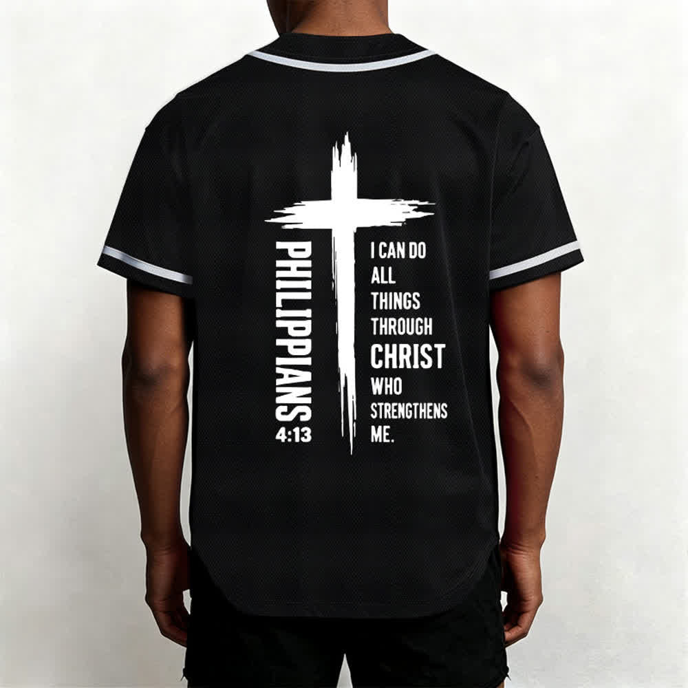 Camiseta de béisbol con ribete de contraste y gráfico de la Cruz Filipenses 4:13 de Christianartworkshop - image 12