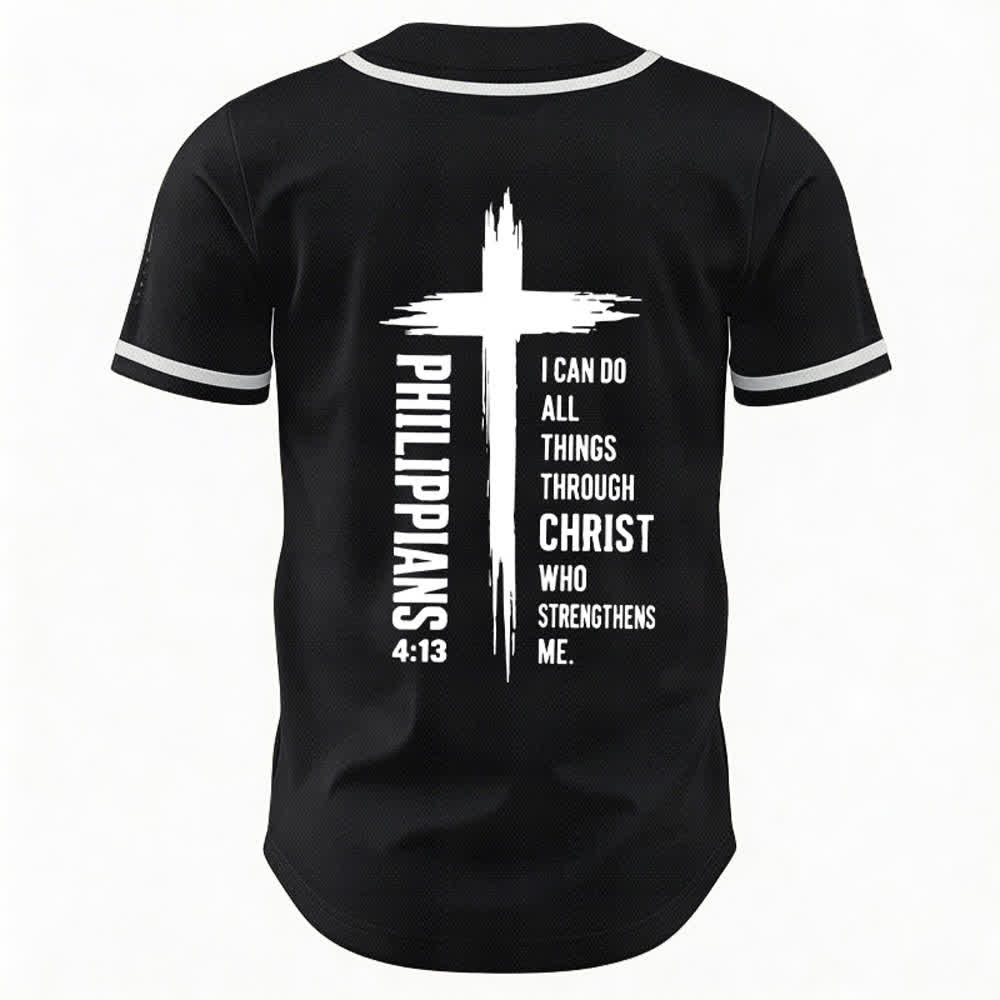 Camiseta de béisbol con ribete de contraste y gráfico de la Cruz Filipenses 4:13 de Christianartworkshop - image 8
