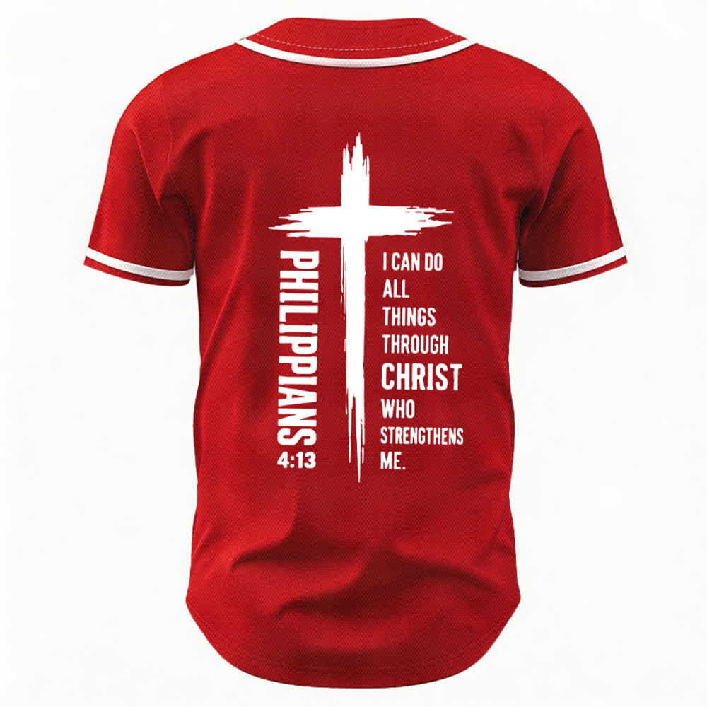 Camiseta de béisbol con ribete de contraste y gráfico de la Cruz Filipenses 4:13 de Christianartworkshop - image 43