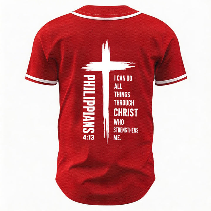 Camiseta de béisbol con ribete de contraste y gráfico de la Cruz Filipenses 4:13 de Christianartworkshop - image 43