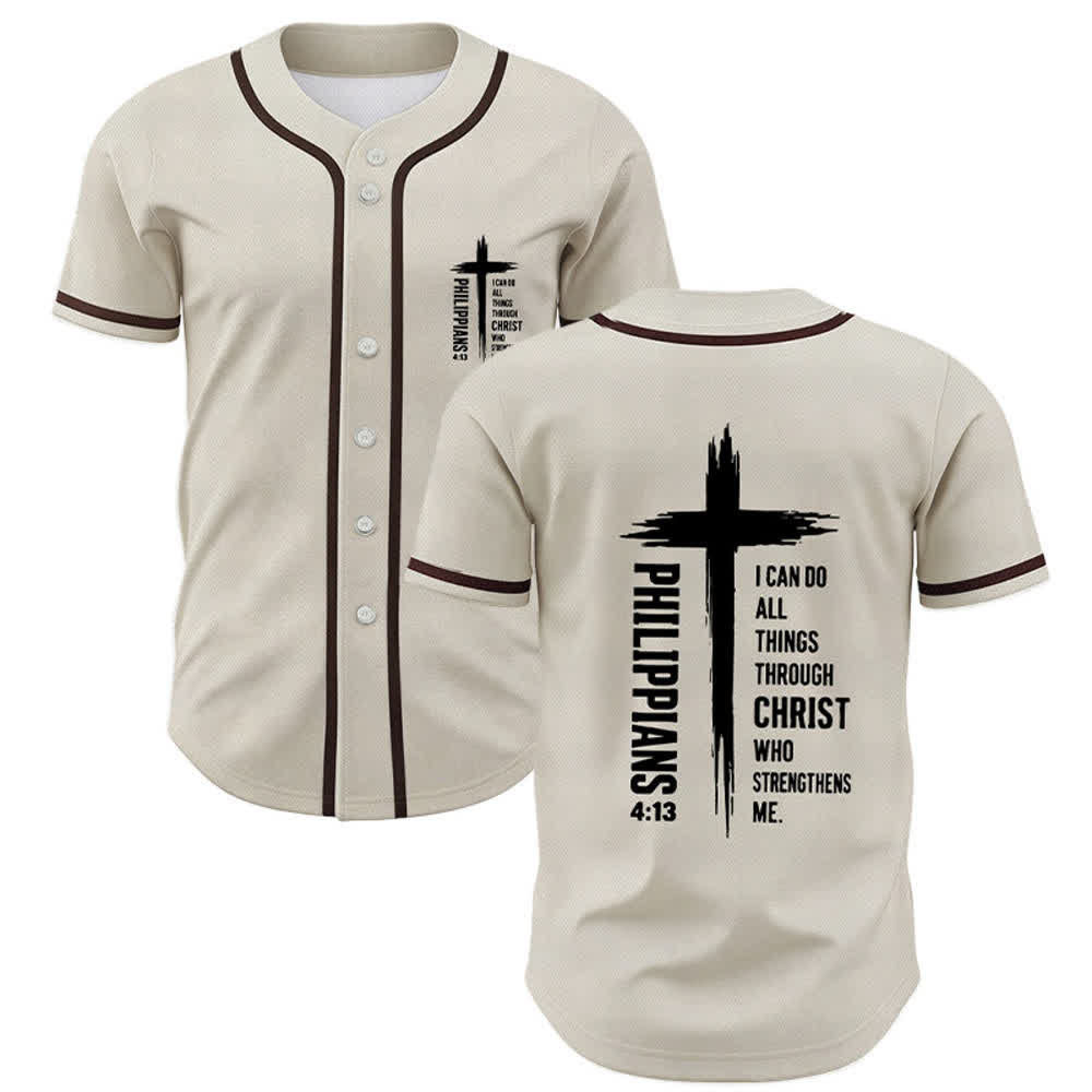 Camiseta de béisbol con ribete de contraste y gráfico de la Cruz Filipenses 4:13 de Christianartworkshop - Beige - 5XL - image 21