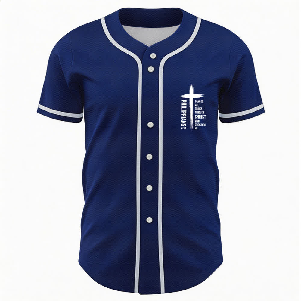 Camiseta de béisbol con ribete de contraste y gráfico de la Cruz Filipenses 4:13 de Christianartworkshop - image 30